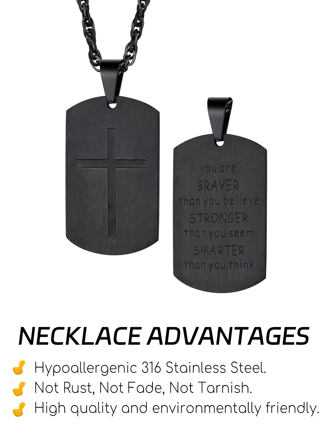 Black Men Cross Tag Necklace Stainless Steel Dog Tag Pendant, You Are Braver Stronger Samarter Inspirational Jewelry Gift for Brother Nephew Son Dad