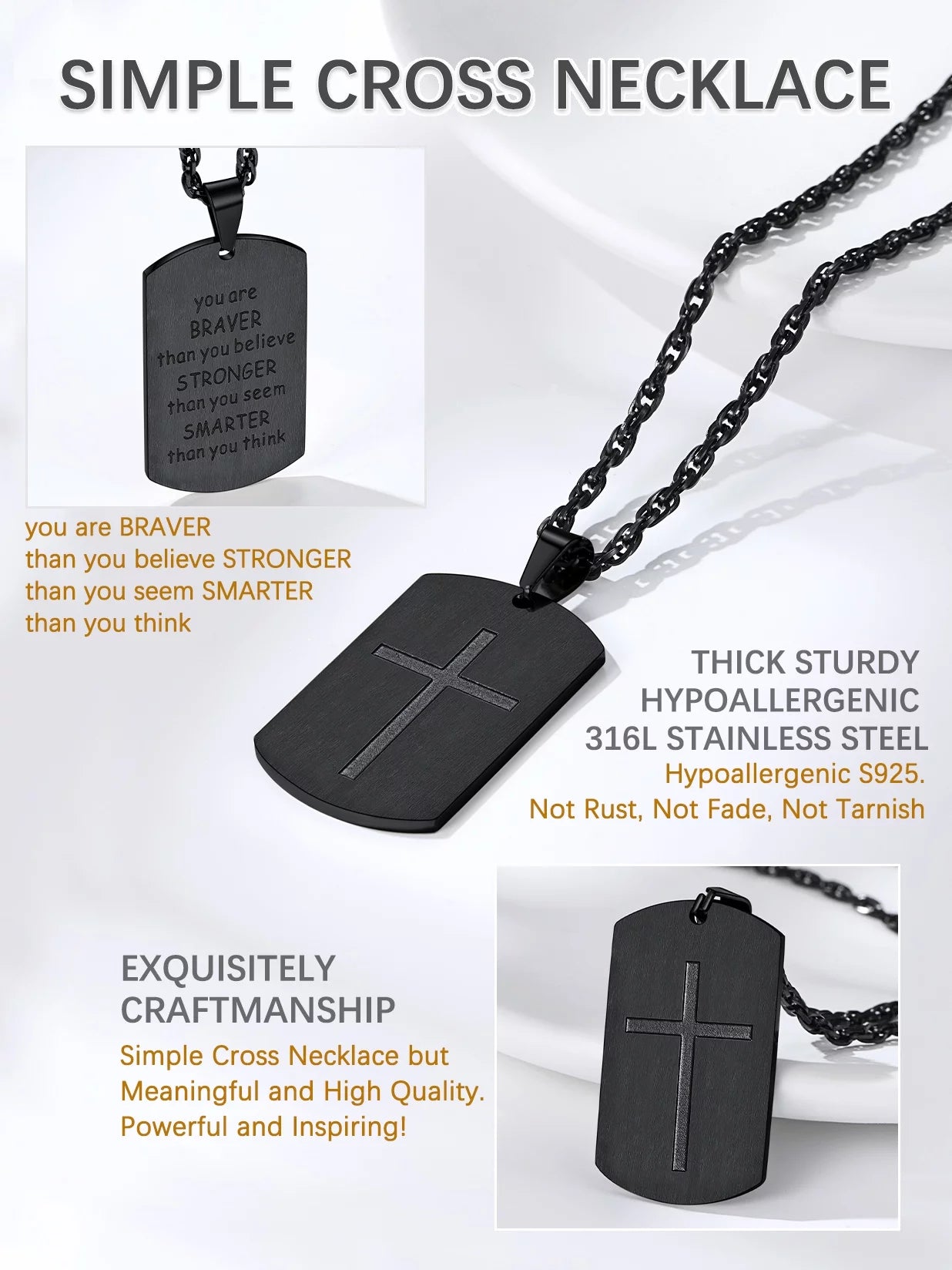 Black Men Cross Tag Necklace Stainless Steel Dog Tag Pendant, You Are Braver Stronger Samarter Inspirational Jewelry Gift for Brother Nephew Son Dad