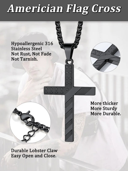 American Flag Cross Necklace for Men Black Cross Pendant Chain Necklace First Communion Religious Jewelry Gift