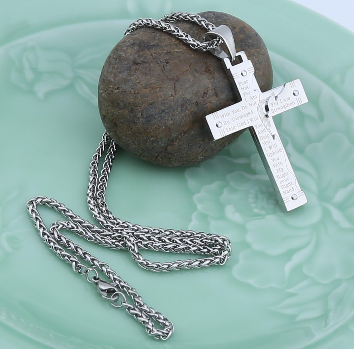 Men'S Stainless Steel Jesus Christ Crucifix Cross Lord'S Prayer Pendant Necklace