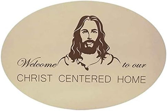 “Welcome to Our Christ Centered Home” Christian Wall Art - Spiritual Decor Welcome Sign W/ Jesus - Christian Décor for Home Decorations - Hanging Hardware Included (Tan, Oval 11.81" X 18")