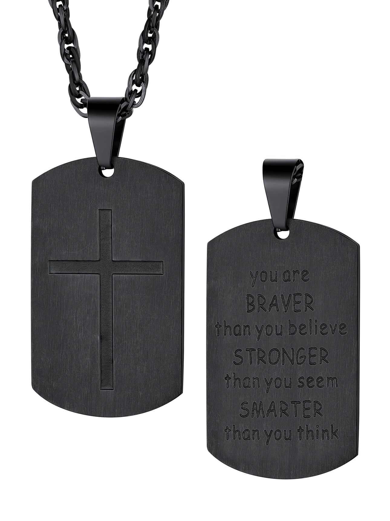 Black Men Cross Tag Necklace Stainless Steel Dog Tag Pendant, You Are Braver Stronger Samarter Inspirational Jewelry Gift for Brother Nephew Son Dad