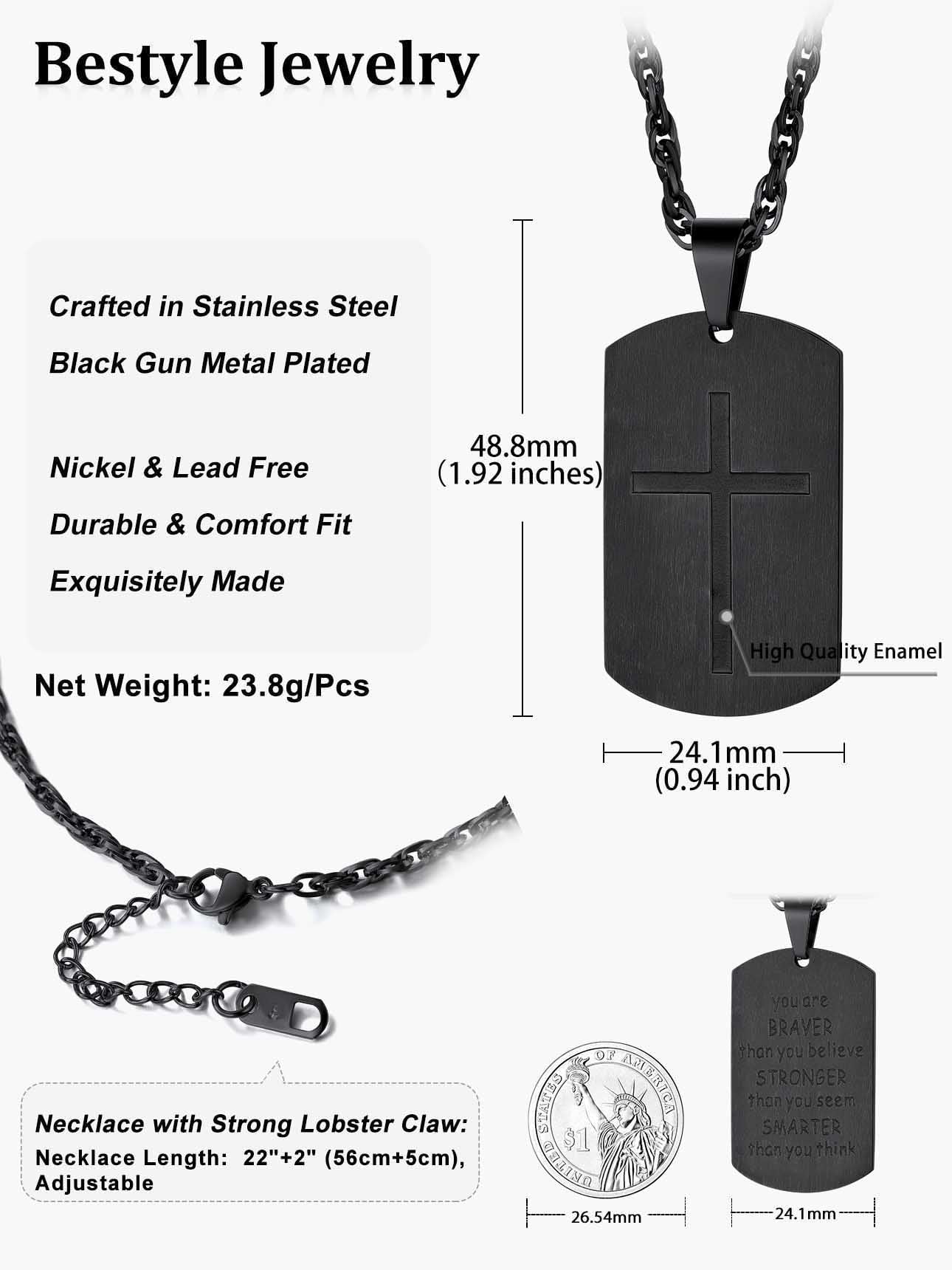 Black Men Cross Tag Necklace Stainless Steel Dog Tag Pendant, You Are Braver Stronger Samarter Inspirational Jewelry Gift for Brother Nephew Son Dad