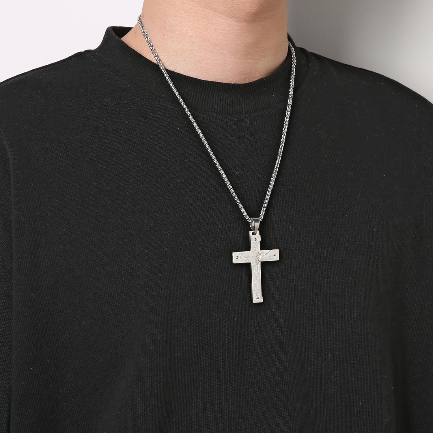 Men'S Stainless Steel Jesus Christ Crucifix Cross Lord'S Prayer Pendant Necklace